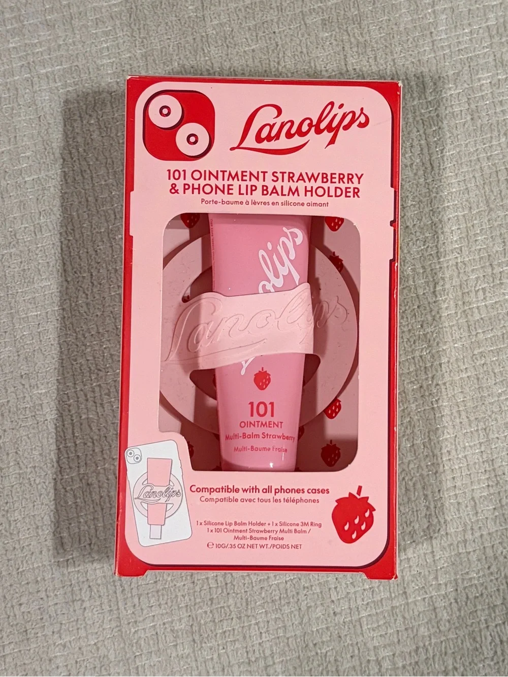 Lanolips Strawberry 101 Ointment & Phone Lip Balm Holder Lipgloss Pink NEW NWT